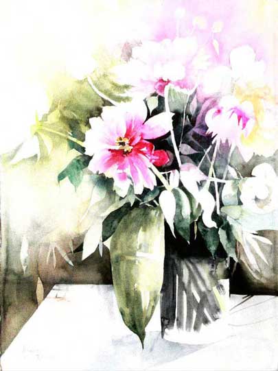 Johanna Kopp Aquarelle Aquarell Salzburg Malerei Kunst Malerin Pfingstrosen in schwarzer Vase