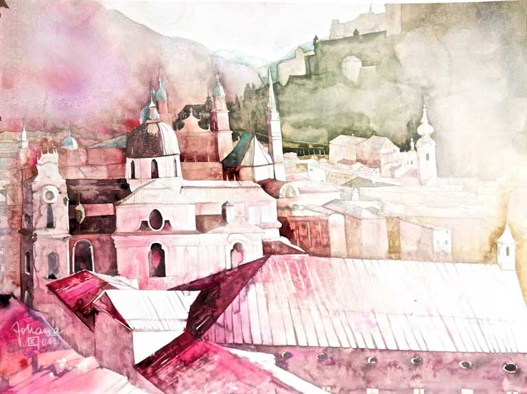 Johanna Kopp Aquarelle Aquarell Salzburg Malerei Kunst Malerin Salzburg - Altstadtblick