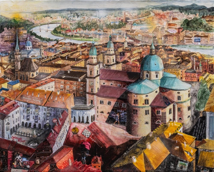 Johanna Kopp Mixed Media Collagen Collage Salzburg Malerei Kunst Malerin Salzburg - Blick von der Festung zum Museumsquartier