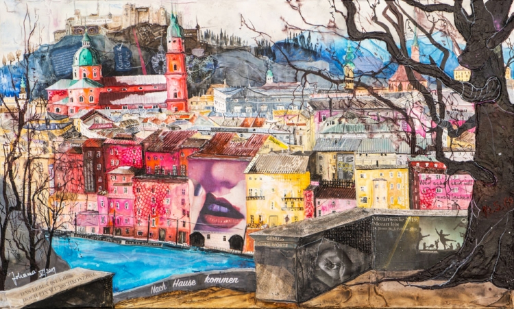 Johanna Kopp Mixed Media Collagen Collage Salzburg Malerei Kunst Malerin Salzburg, Bl.v.Kapuzinerberg z. Altstadt