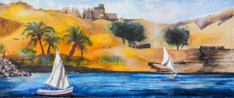 Johanna Kopp Mixed Media Collagen Collage Salzburg Malerei Kunst Malerin Ã„gypten, Nil und Sand bei Sonnenaufgang