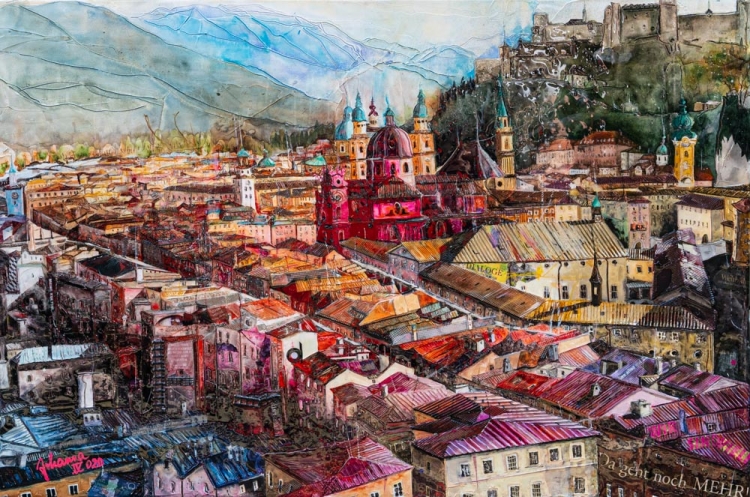 Johanna Kopp Mixed Media Collagen Collage Salzburg Malerei Kunst Malerin Salzburg, Altstadtblick vom MÃ¶nchsberg