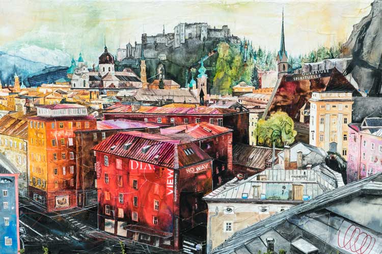 Johanna Kopp Mixed Media Collagen Collage Salzburg Malerei Kunst Malerin Salzburg,Blick v. Gstattengasse zur Altstadt