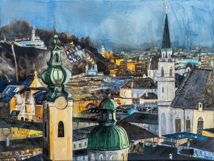 Johanna Kopp Mixed Media Collagen Collage Salzburg Malerei Kunst Malerin Salzburg im Abendlicht-Blick v.Oskar Kokoschka Weg