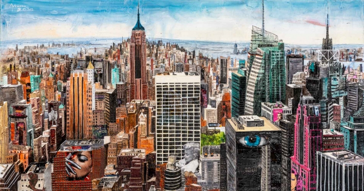 Johanna Kopp Mixed Media Collagen Collage Salzburg Malerei Kunst Malerin New York, Blick v. Rockefeller Center
