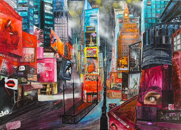 Johanna Kopp Mixed Media Collagen Collage Salzburg Malerei Kunst Malerin Time Square in N.Y., MAMMA MIA!, Mixed Media 2018-100x140cm