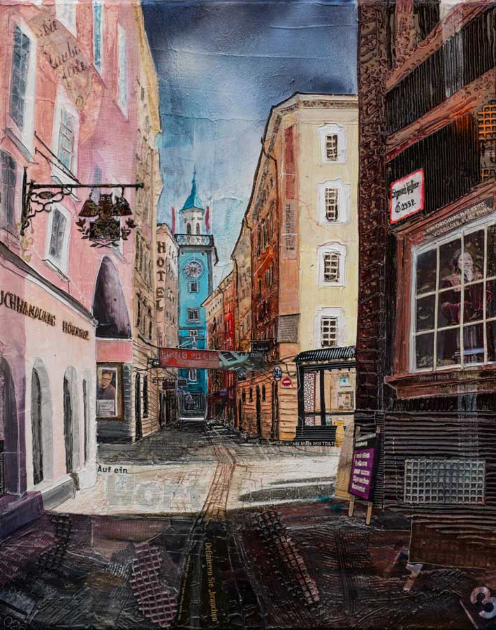 Johanna Kopp Mixed Media Collagen Collage Salzburg Malerei Kunst Malerin Salzburg- Siegmund Haffner Gasse Richtung Rathaus, Mixed Madia 2015 auf Leinwand, 80x100cm