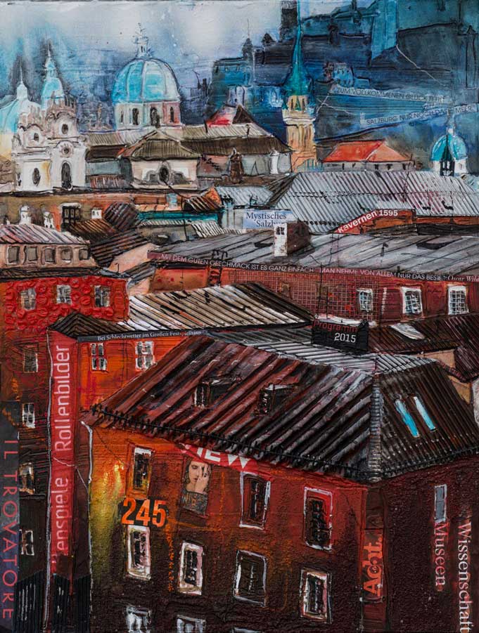 Johanna Kopp Mixed Media Collagen Collage Salzburg Malerei Kunst Malerin Salzburg-Bl.v.Mönchsberg zur Altstadt, Mixed Media 2015 auf Karton, 40x31cm 