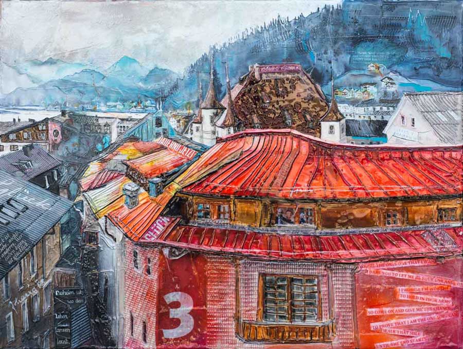 Johanna Kopp Mixed Media Collagen Collage Salzburg Malerei Kunst Malerin Zell am See-Blick z. Standesamt, Hochzeitsbild