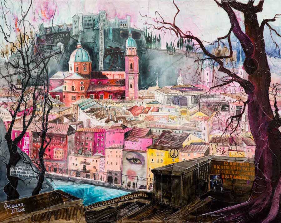 Johanna Kopp Mixed Media Collagen Collage Salzburg Malerei Kunst Malerin Salzburg- Blick v.Kapuzinerberg z. Altstadt