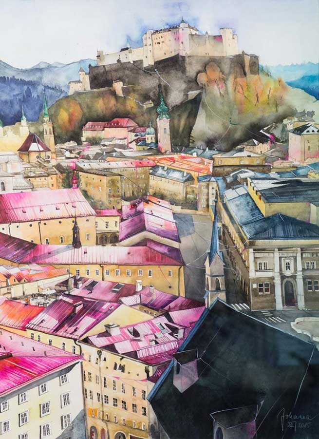 Johanna Kopp Aquarelle Aquarell Salzburg Malerei Kunst Malerin Salzburg-St. Blasiuskirche zur Festung