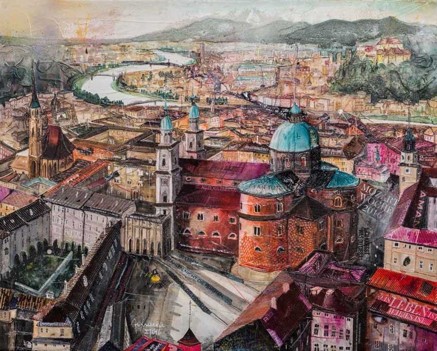 Johanna Kopp Mixed Media Collagen Collage Salzburg Malerei Kunst Malerin Salzburg-Festungsblick zum Domquartier