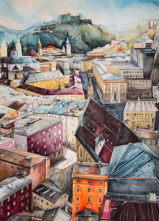 Johanna Kopp Aquarelle Aquarell Salzburg Malerei Kunst Malerin Salzburg, Blick v. Mönchsberg zur Altstadt