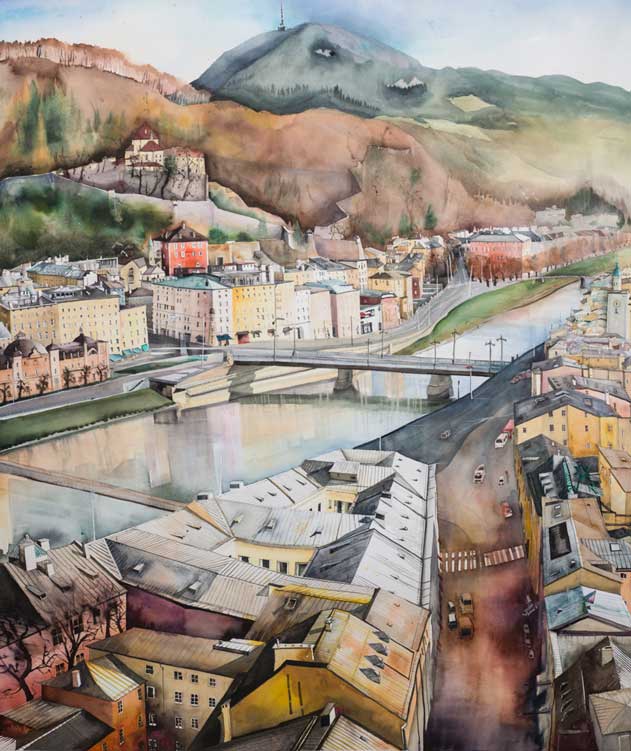Johanna Kopp Aquarelle Aquarell Salzburg Malerei Kunst Malerin Salzburg - Blick v. Mönchsberg zum Gaisberg