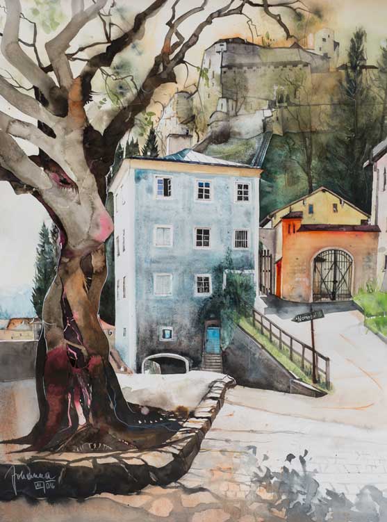 Johanna Kopp Aquarelle Aquarell Salzburg Malerei Kunst Malerin Salzburg-Nonnberg, Blick v. Benediktinenstift z.Festungsmaterialbahn