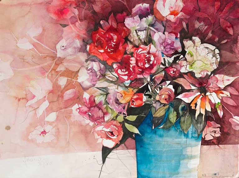 Johanna Kopp Aquarelle Aquarell Salzburg Malerei Kunst Malerin Gartenrosenstrauß
