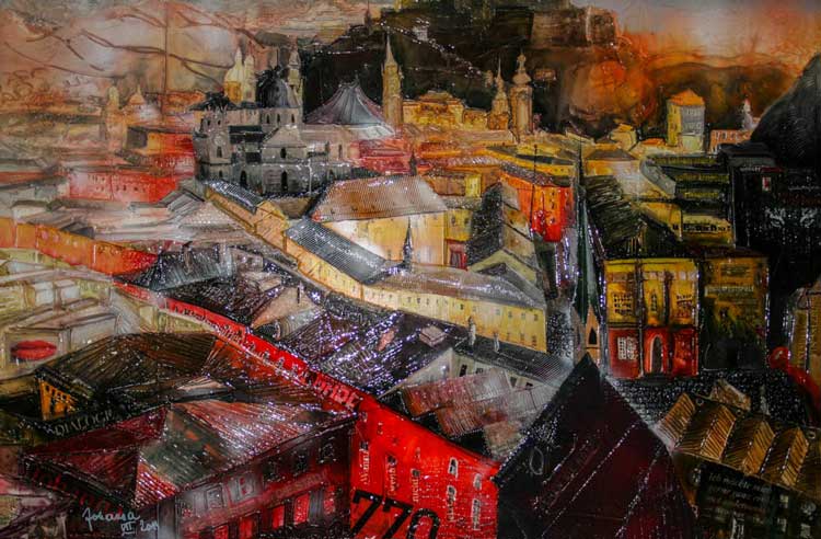 Johanna Kopp Mixed Media Collagen Collage Salzburg Malerei Kunst Malerin Salzburg, Altstadtblick