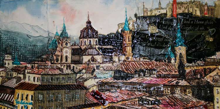 Johanna Kopp Mixed Media Collagen Collage Salzburg Malerei Kunst Malerin Salzburg Altstadtblick