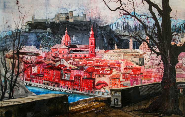 Johanna Kopp Mixed Media Collagen Collage Salzburg Malerei Kunst Malerin Salzburg, Blick vom Kapuzinerberg zur Altstadt