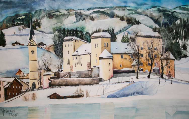 Johanna Kopp Aquarelle Aquarell Salzburg Malerei Kunst Malerin Kirche und Schloss Goldegg