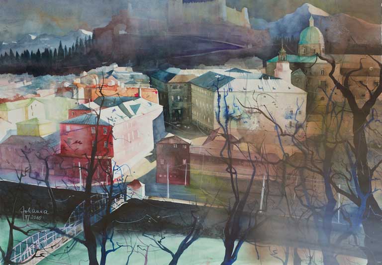Johanna Kopp Aquarelle Aquarell Salzburg Malerei Kunst Malerin Salzburg-Blick v. Kapuzinerberg z. Mozartsteg