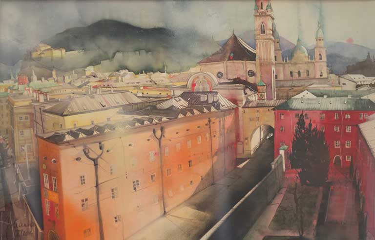 Johanna Kopp Aquarelle Aquarell Salzburg Malerei Kunst Malerin Salzburg-Bl.v.d.Festspieltherrasse z. Franziskanerkirche