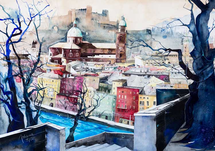 Johanna Kopp Aquarelle Aquarell Salzburg Malerei Kunst Malerin Salzburg-Bl.v.Kapuzinerberg z. Altstadt