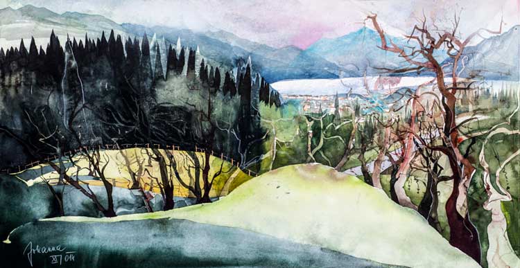 Johanna Kopp Aquarelle Aquarell Salzburg Malerei Kunst Malerin Blick v Kolomannsberg z. Mondsee