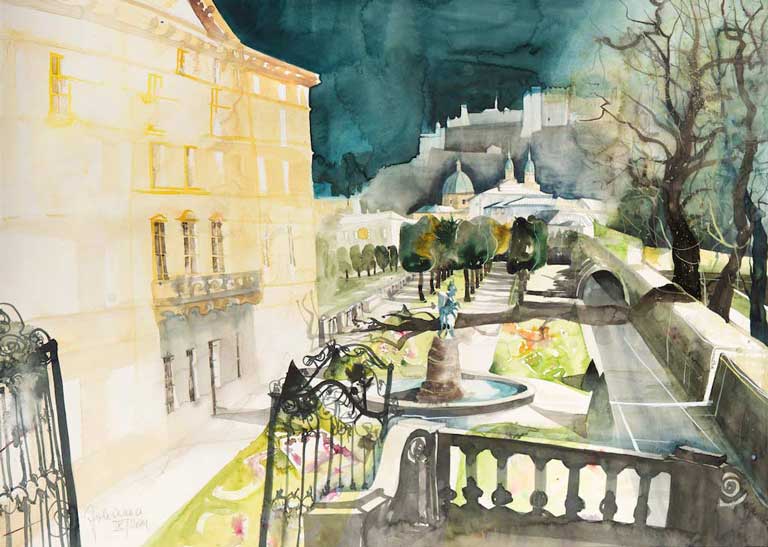 Johanna Kopp Aquarelle Aquarell Salzburg Malerei Kunst Malerin Mirabellgarten im Herbstlicht
