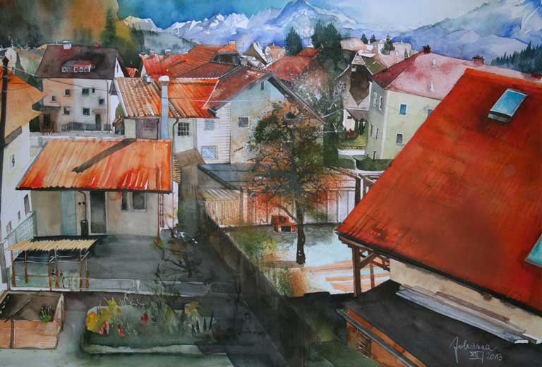 Johanna Kopp Aquarelle Aquarell Salzburg Malerei Kunst Malerin Aussicht v.Irmtraud`s Wohnhaus 