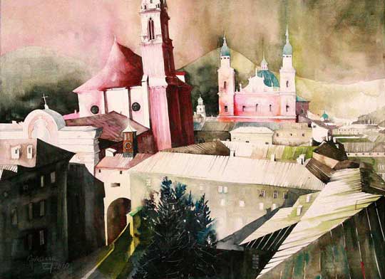 Johanna Kopp Aquarelle Aquarell Salzburg Malerei Kunst Malerin Salzburg - Blick zur Franziskanerkirche