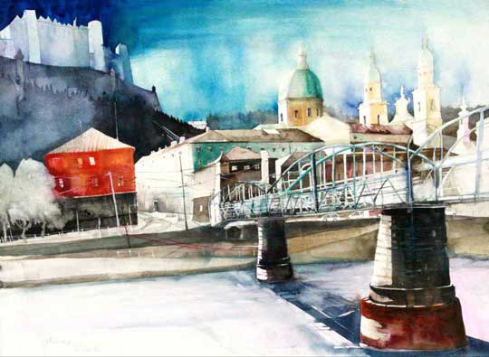 Johanna Kopp Aquarelle Aquarell Salzburg Malerei Kunst Malerin Salzburg - Mozartsteg