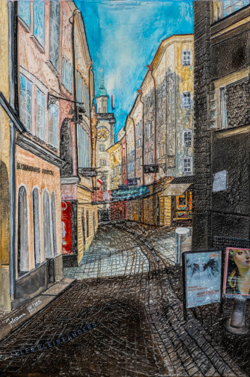 Johanna Kopp Mixed Media Collagen Collage Salzburg Malerei Kunst Malerin Salzburg, Siegm. Haffner Gasse, Mixed Media 2024, 70x100cm