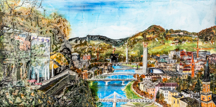 Johanna Kopp Mixed Media Collagen Collage Salzburg Malerei Kunst Malerin Salzburg, Blick v. Museum d. Moderne zur Stadt Salzburg
