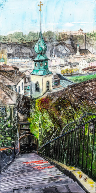Johanna Kopp Mixed Media Collagen Collage Salzburg Malerei Kunst Malerin Salzburg, Blick v. d. Imbergstiege zur Johanneskirche,e