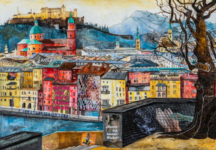 Johanna Kopp Mixed Media Collagen Collage Salzburg Malerei Kunst Malerin Salzburg, Bl. v. Kapuzinerberg in die Altstadt Salzburg, Mixed Media 2024, 70x100cm