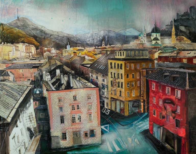 Johanna Kopp Mixed Media Collagen Collage Salzburg Malerei Kunst Malerin Salzburg-Bl.auf die Griesgasse