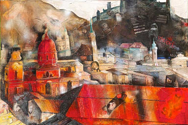 Johanna Kopp Mixed Media Collagen Collage Salzburg Malerei Kunst Malerin Salzburg - Blick vom Mönchsberg