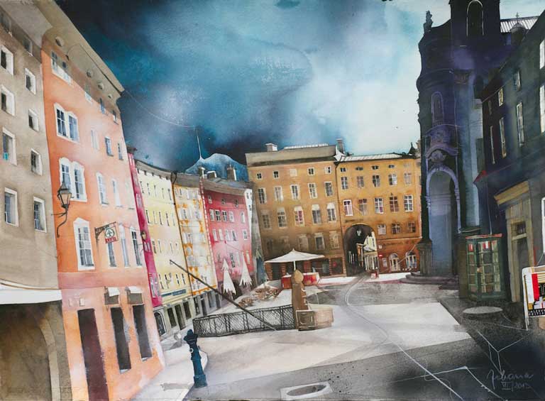 Johanna Kopp Aquarelle Aquarell Salzburg Malerei Kunst Malerin SALZBURG,Gruenmarkt mit Blick zum Ritzer Torbogen