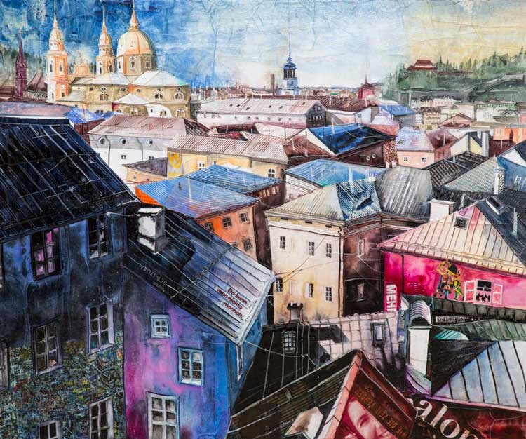 Johanna Kopp Mixed Media Collagen Collage Salzburg Malerei Kunst Malerin Salzburg, Blick v. Nonnberg z. Dom, Claudia-wie die Zeit vergeht-, Mixed Media 2017, 100x120cm 