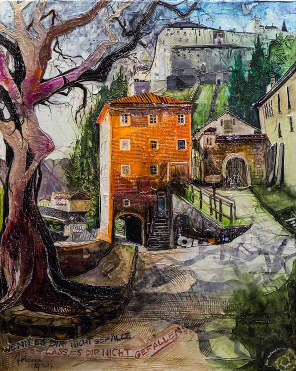Johanna Kopp Mixed Media Collagen Collage Salzburg Malerei Kunst Malerin Salzburg, Blick zur Festung v. Stift Bonnberg, Mixed Media 2017, 80x100cm