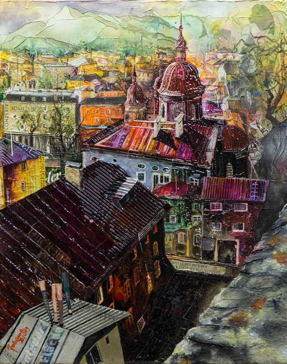 Johanna Kopp Mixed Media Collagen Collage Salzburg Malerei Kunst Malerin Salzburg, Blick in die Tiefe v. Bonnberg z. St.Erhartkirche, Mixed Media auf Leinwand 2017, 80x100cm