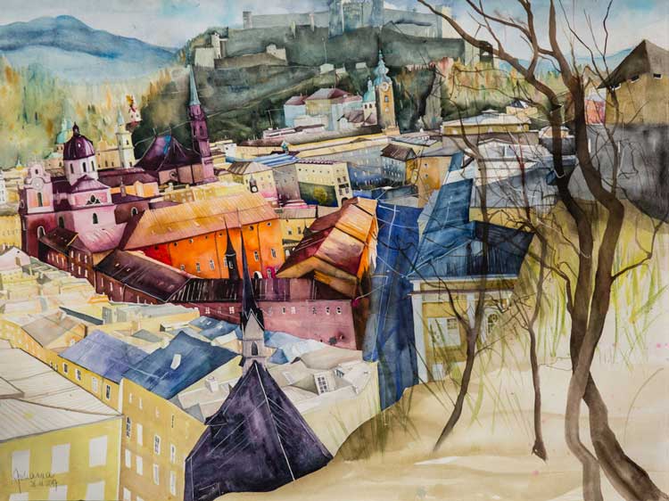 Johanna Kopp Aquarelle Aquarell Salzburg Malerei Kunst Malerin Salzburg, Altstadtblick v. Mönchsberg, Aquarell 2017, 60x60cm