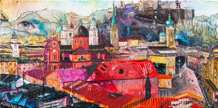 Johanna Kopp Mixed Media Collagen Collage Salzburg Malerei Kunst Malerin  Sbg., Spaziergang v. Festspielhaus i.d. Altstadt