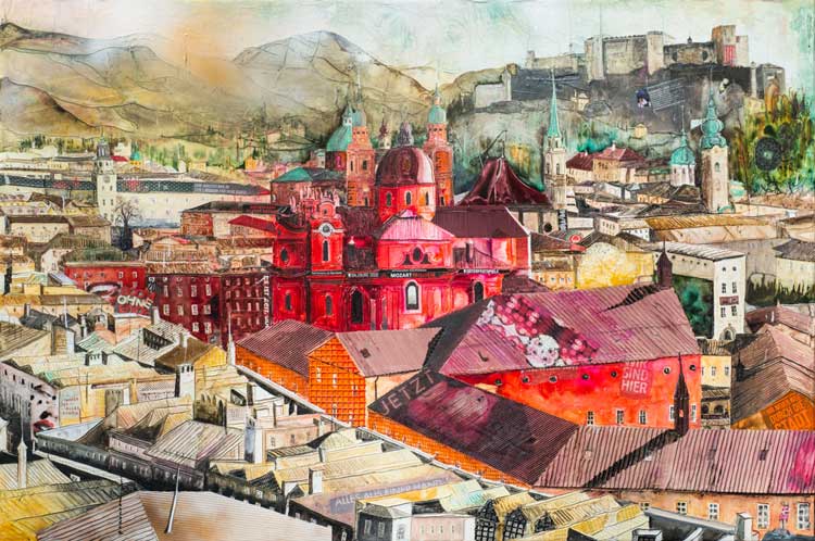 Johanna Kopp Mixed Media Collagen Collage Salzburg Malerei Kunst Malerin Salzburg, Mönchsbergblick zur Altstadt