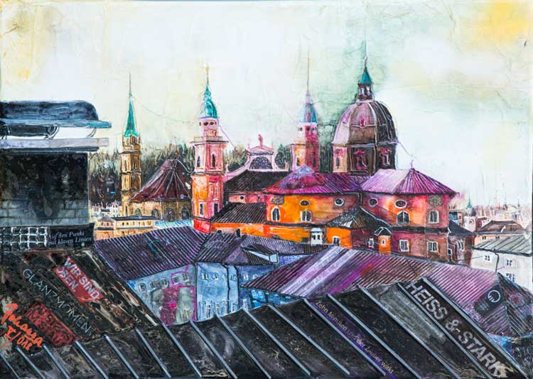 Johanna Kopp Mixed Media Collagen Collage Salzburg Malerei Kunst Malerin Salzburg, Blick zum Dom