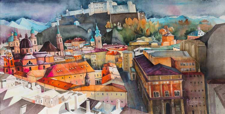 Johanna Kopp Aquarelle Aquarell Salzburg Malerei Kunst Malerin Salzburg, Altstadtblick v. d. Modernen, aquarell 2018, 36x17cm