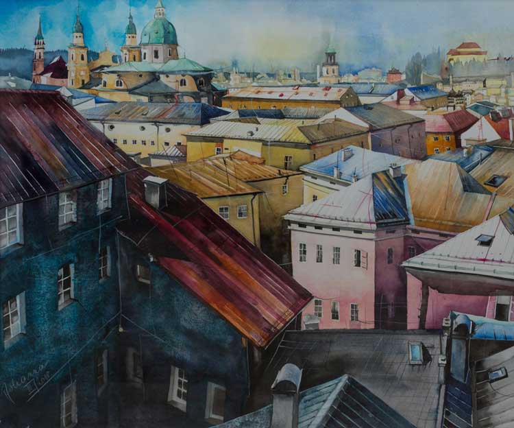 Johanna Kopp Aquarelle Aquarell Salzburg Malerei Kunst Malerin Salzburg, Bl.v.Hohen Weg z. Dom