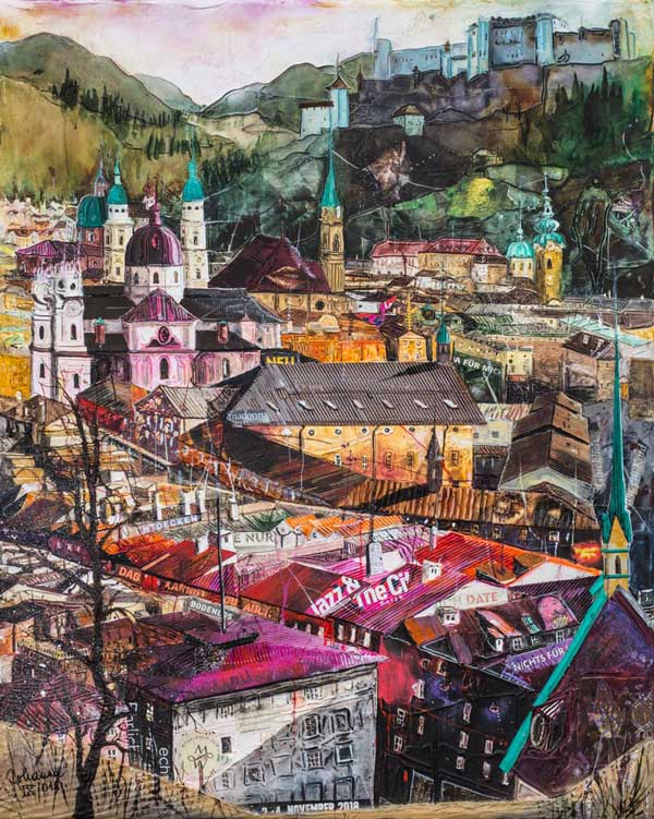 Johanna Kopp Mixed Media Collagen Collage Salzburg Malerei Kunst Malerin Salzburg, Spaziergang v.d. Getreidegasse durch d. Altstadt