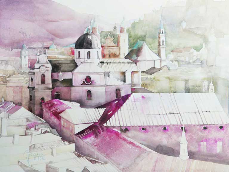 Johanna Kopp Aquarelle Aquarell Salzburg Malerei Kunst Malerin Salzburg - Blick zur Kollegienkirche